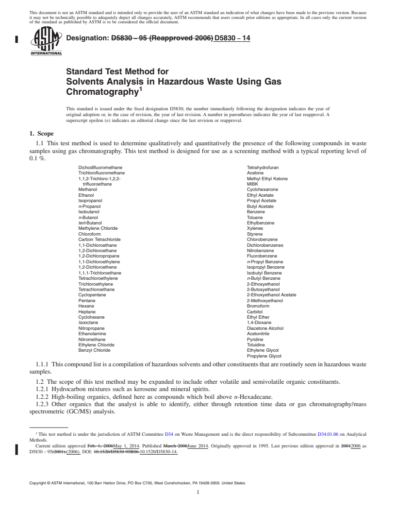 REDLINE ASTM D5830-14 - Standard Test Method for  Solvents Analysis in Hazardous Waste Using Gas Chromatography