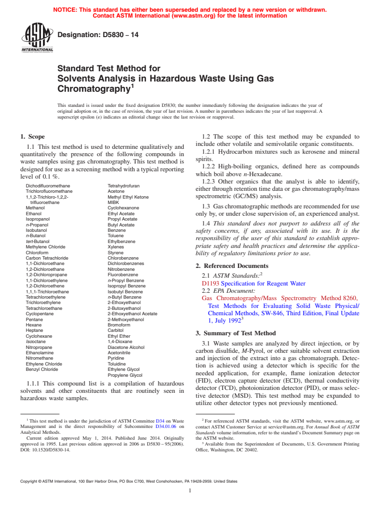 ASTM D5830-14 - Standard Test Method for  Solvents Analysis in Hazardous Waste Using Gas Chromatography