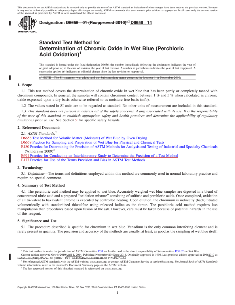 REDLINE ASTM D6656-14 - Standard Test Method for  Determination of Chromic Oxide in Wet Blue &#40;Perchloric Acid  Oxidation&#41;