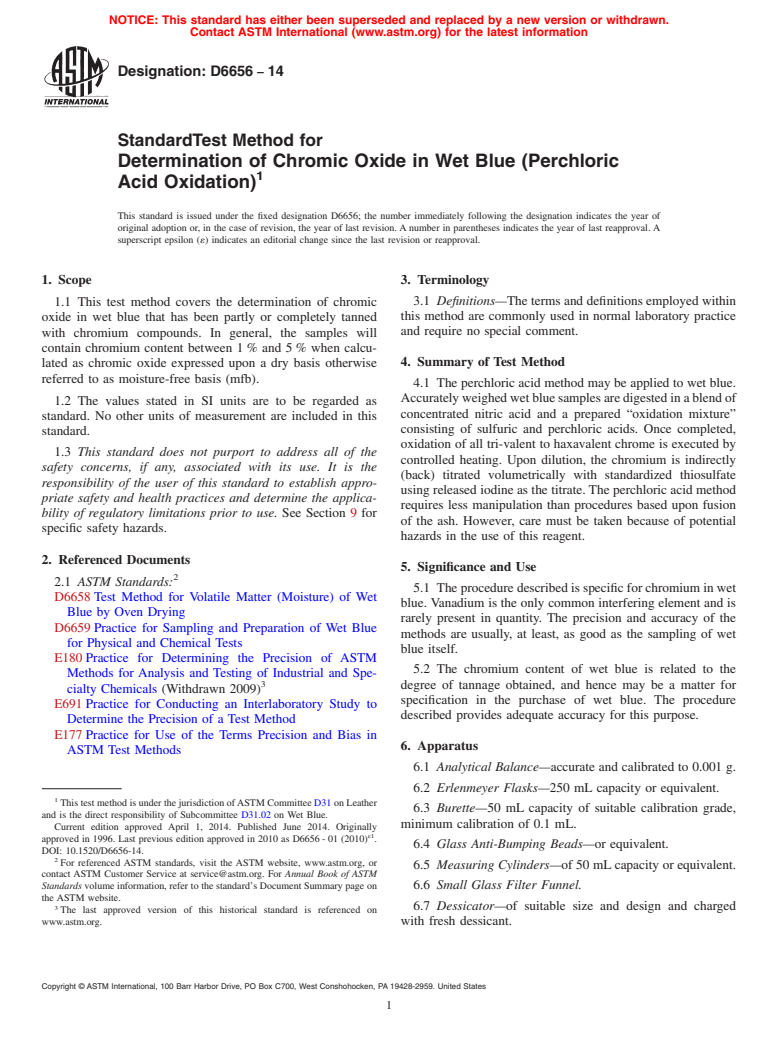 ASTM D6656-14 - Standard Test Method for  Determination of Chromic Oxide in Wet Blue &#40;Perchloric Acid  Oxidation&#41;