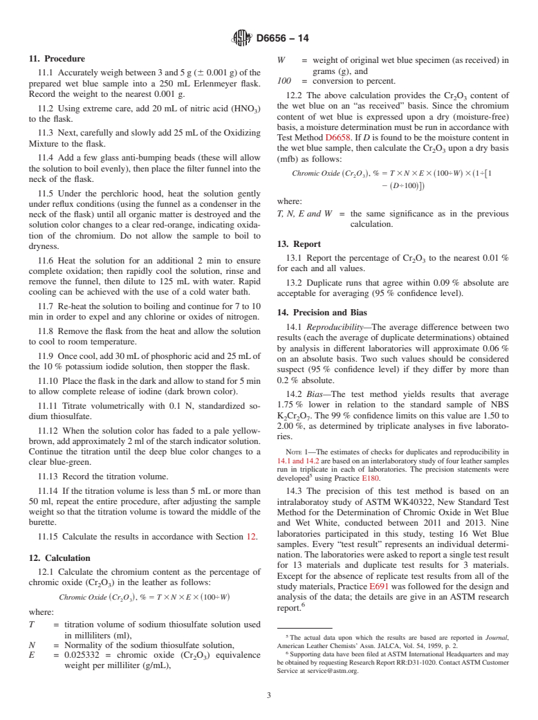 ASTM D6656-14 - Standard Test Method for  Determination of Chromic Oxide in Wet Blue &#40;Perchloric Acid  Oxidation&#41;