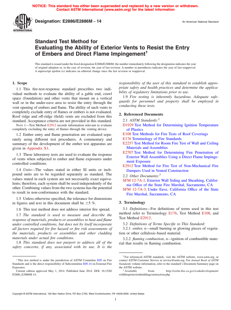 ASTM E2886/E2886M-14 - Standard Test Method for Evaluating the Ability of Exterior Vents to Resist the Entry  of Embers and Direct Flame Impingement