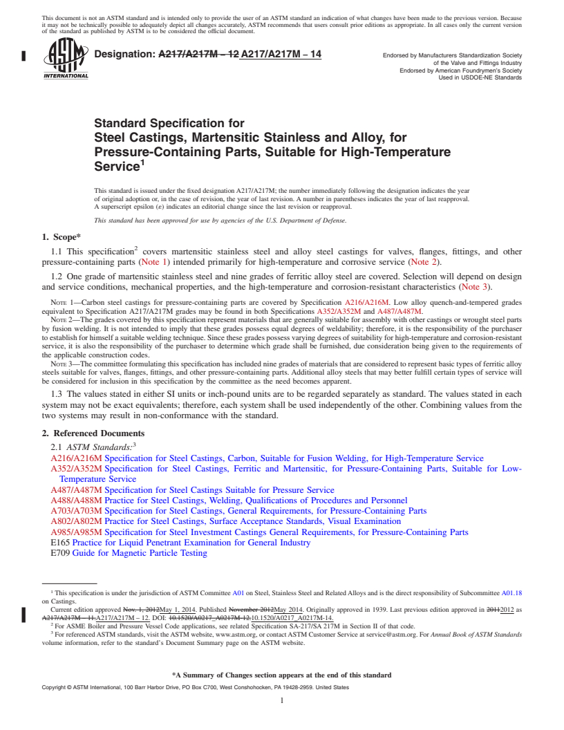 REDLINE ASTM A217/A217M-14 - Standard Specification for  Steel Castings, Martensitic Stainless and Alloy, for Pressure-Containing   Parts, Suitable for High-Temperature Service