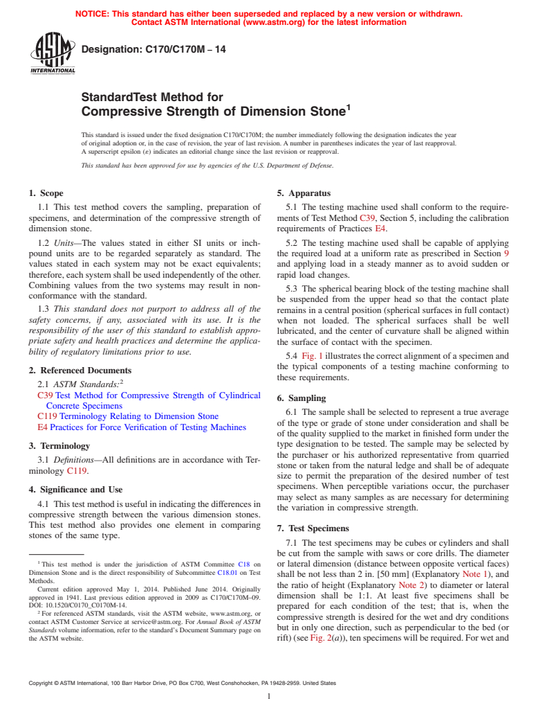 ASTM C170/C170M-14 - Standard Test Method for  Compressive Strength of Dimension Stone