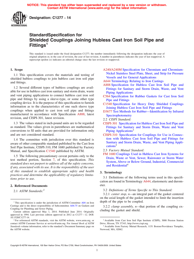 ASTM C1277-14 - Standard Specification for  Shielded Couplings Joining Hubless Cast Iron Soil Pipe and   Fittings
