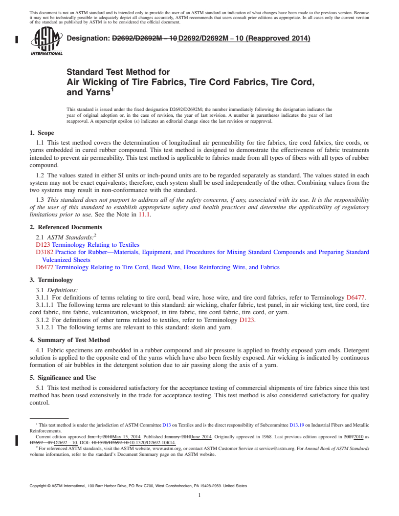 REDLINE ASTM D2692/D2692M-10(2014) - Standard Test Method for  Air Wicking of Tire Fabrics, Tire Cord Fabrics, Tire Cord,  and Yarns