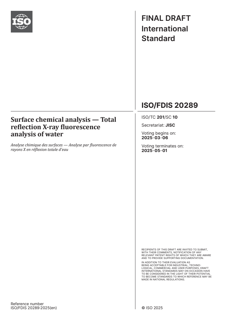 ISO/FDIS 20289 - Surface chemical analysis — Total reflection X-ray fluorescence analysis of water
Released:20. 02. 2025