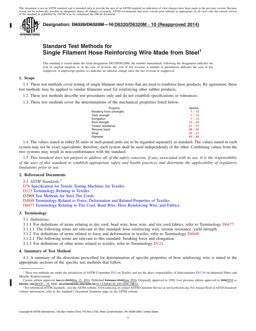 REDLINE ASTM D6320/D6320M-10(2014) - Standard Test Methods for  Single Filament Hose Reinforcing Wire Made from Steel (Withdrawn 2023)