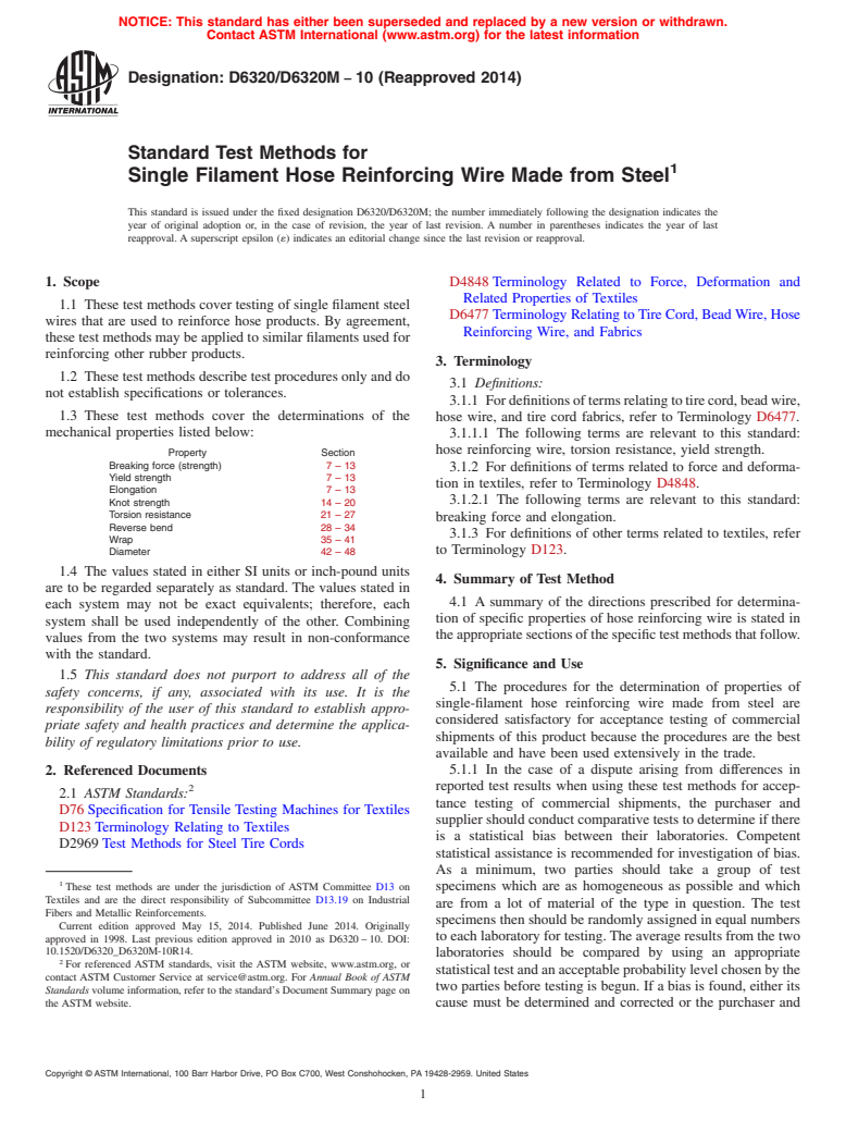 ASTM D6320/D6320M-10(2014) - Standard Test Methods for  Single Filament Hose Reinforcing Wire Made from Steel (Withdrawn 2023)