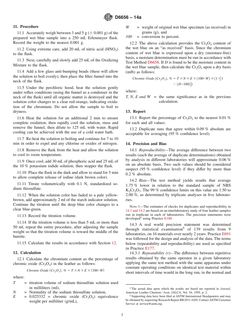 ASTM D6656-14a - Standard Test Method for  Determination of Chromic Oxide in Wet Blue &#40;Perchloric Acid  Oxidation&#41;