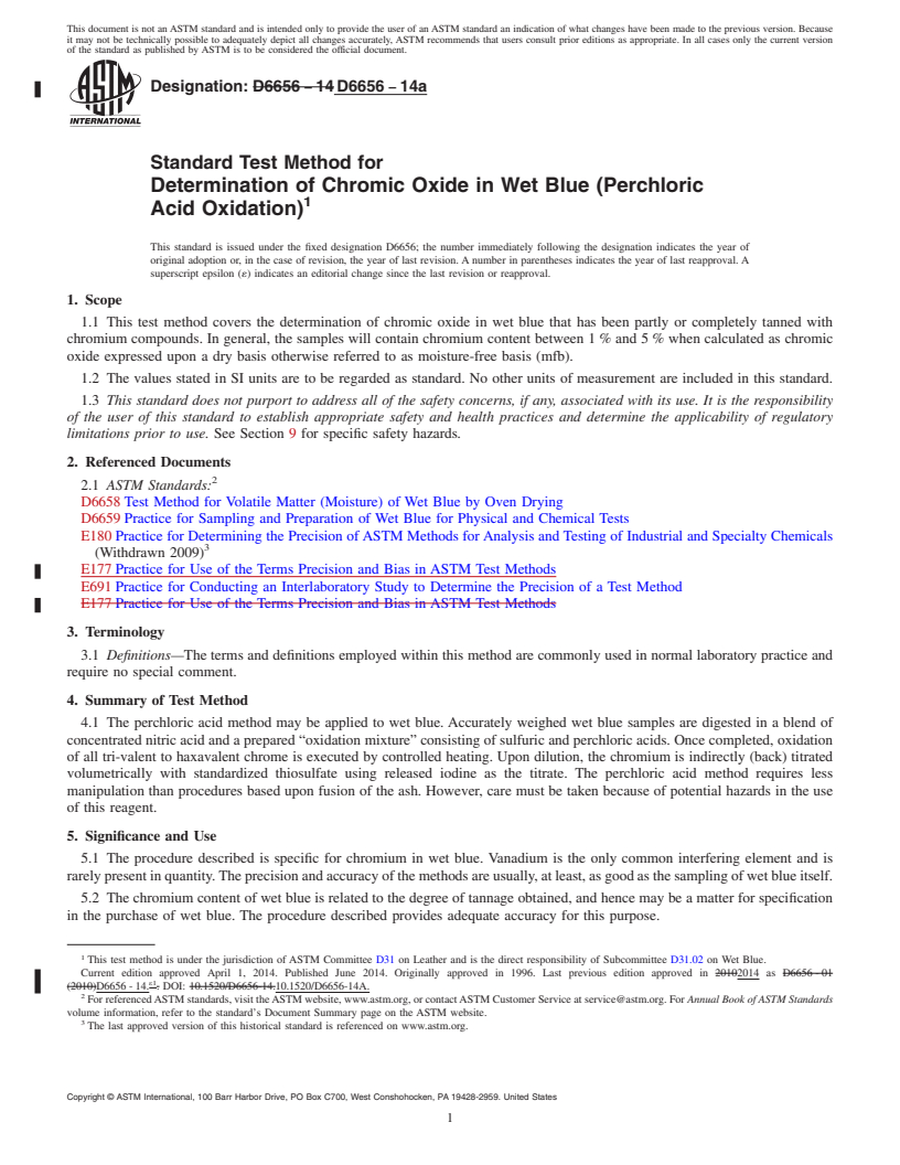 REDLINE ASTM D6656-14a - Standard Test Method for  Determination of Chromic Oxide in Wet Blue &#40;Perchloric Acid  Oxidation&#41;