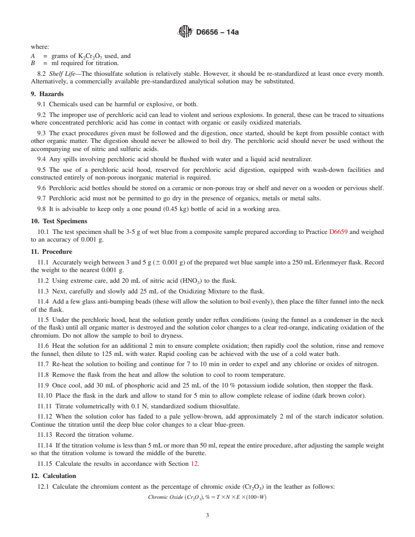 REDLINE ASTM D6656-14a - Standard Test Method for  Determination of Chromic Oxide in Wet Blue &#40;Perchloric Acid  Oxidation&#41;