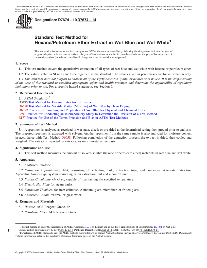 REDLINE ASTM D7674-14 - Standard Test Method for  Hexane/Petroleum Ether Extract in Wet Blue and Wet White