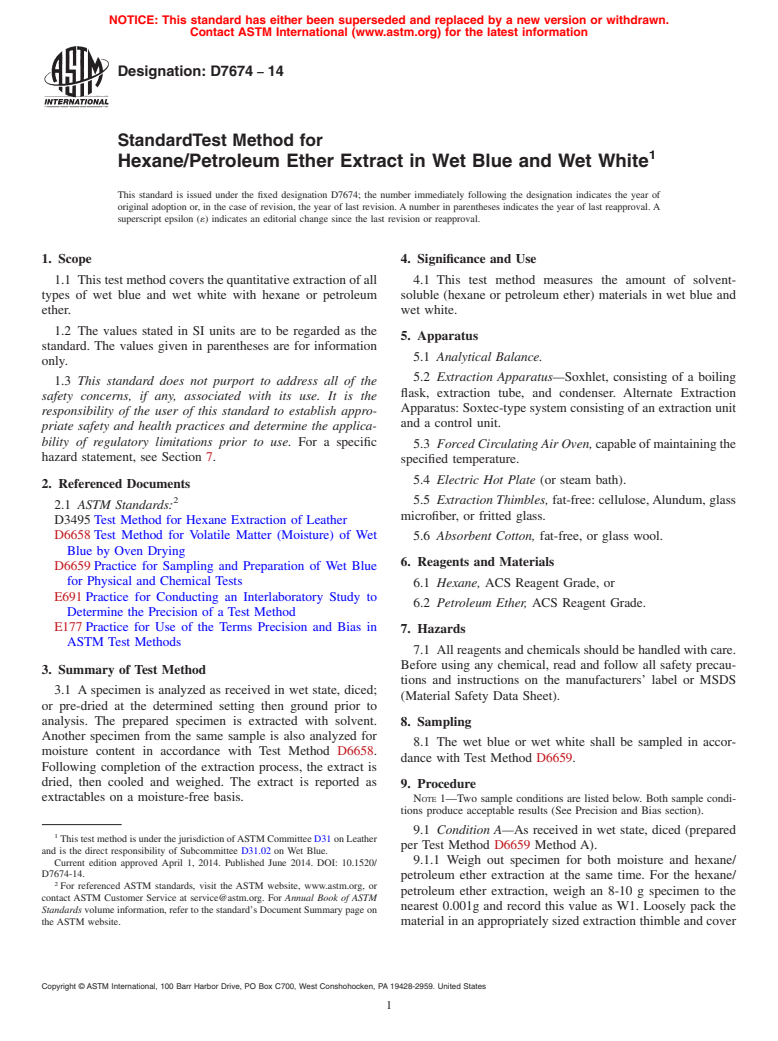 ASTM D7674-14 - Standard Test Method for  Hexane/Petroleum Ether Extract in Wet Blue and Wet White