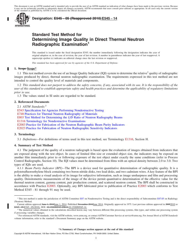 REDLINE ASTM E545-14 - Standard Test Method for  Determining Image Quality in Direct Thermal Neutron Radiographic  Examination