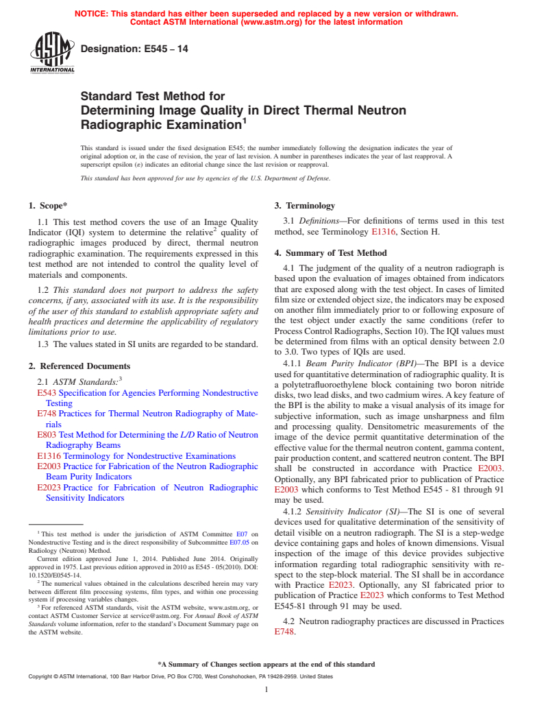 ASTM E545-14 - Standard Test Method for  Determining Image Quality in Direct Thermal Neutron Radiographic  Examination