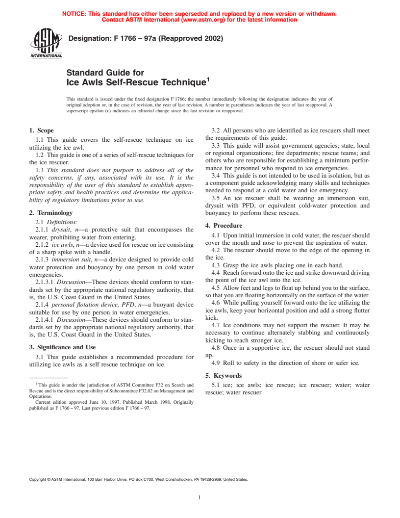 ASTM F1766-97a(2002) - Standard Guide for Ice Awis Self-Rescue Technique