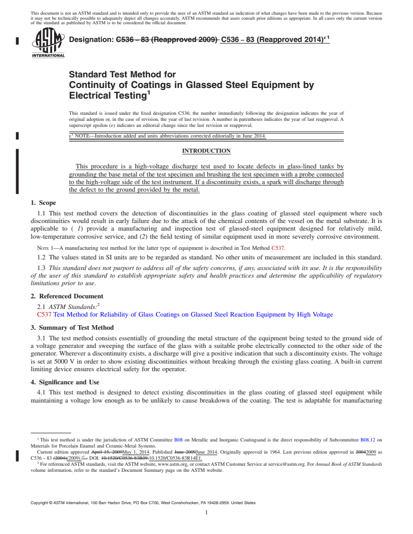 REDLINE ASTM C536-83(2014)e1 - Standard Test Method for Continuity of Coatings in Glassed Steel Equipment by Electrical Testing