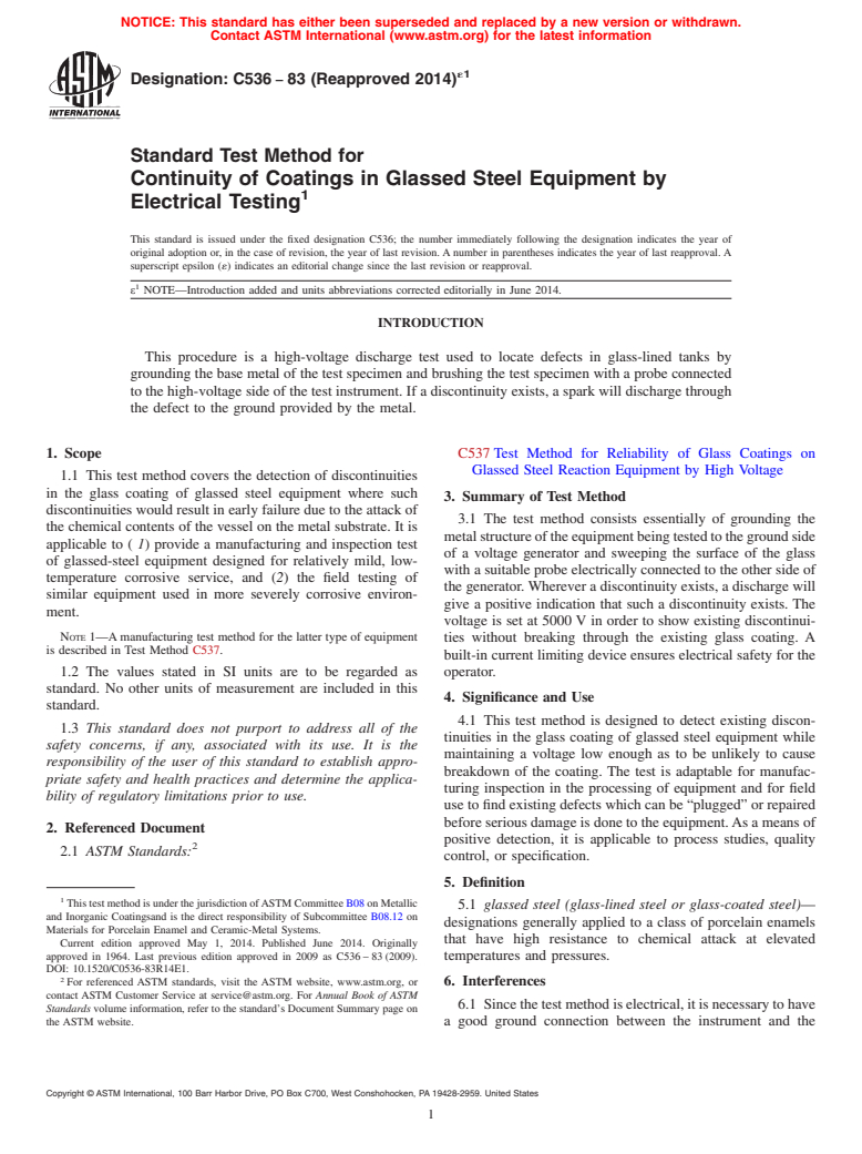 ASTM C536-83(2014)e1 - Standard Test Method for Continuity of Coatings in Glassed Steel Equipment by Electrical Testing