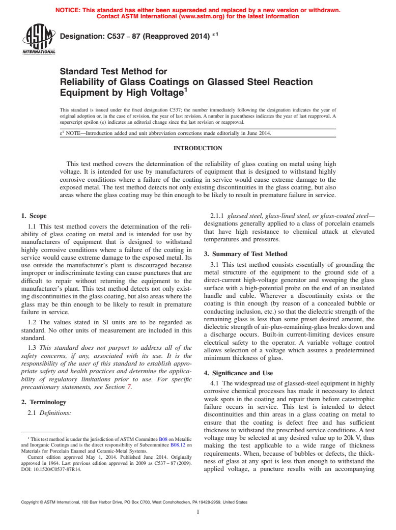 ASTM C537-87(2014)e1 - Standard Test Method for Reliability of Glass Coatings on Glassed Steel Reaction Equipment by High Voltage