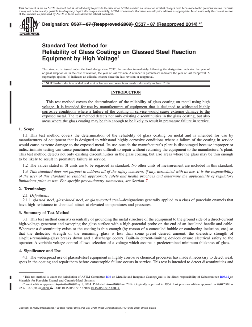 REDLINE ASTM C537-87(2014)e1 - Standard Test Method for Reliability of Glass Coatings on Glassed Steel Reaction Equipment by High Voltage