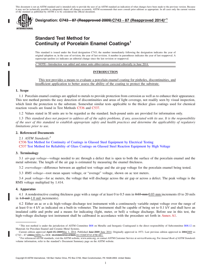 REDLINE ASTM C743-87(2014)e1 - Standard Test Method for Continuity of Porcelain Enamel Coatings