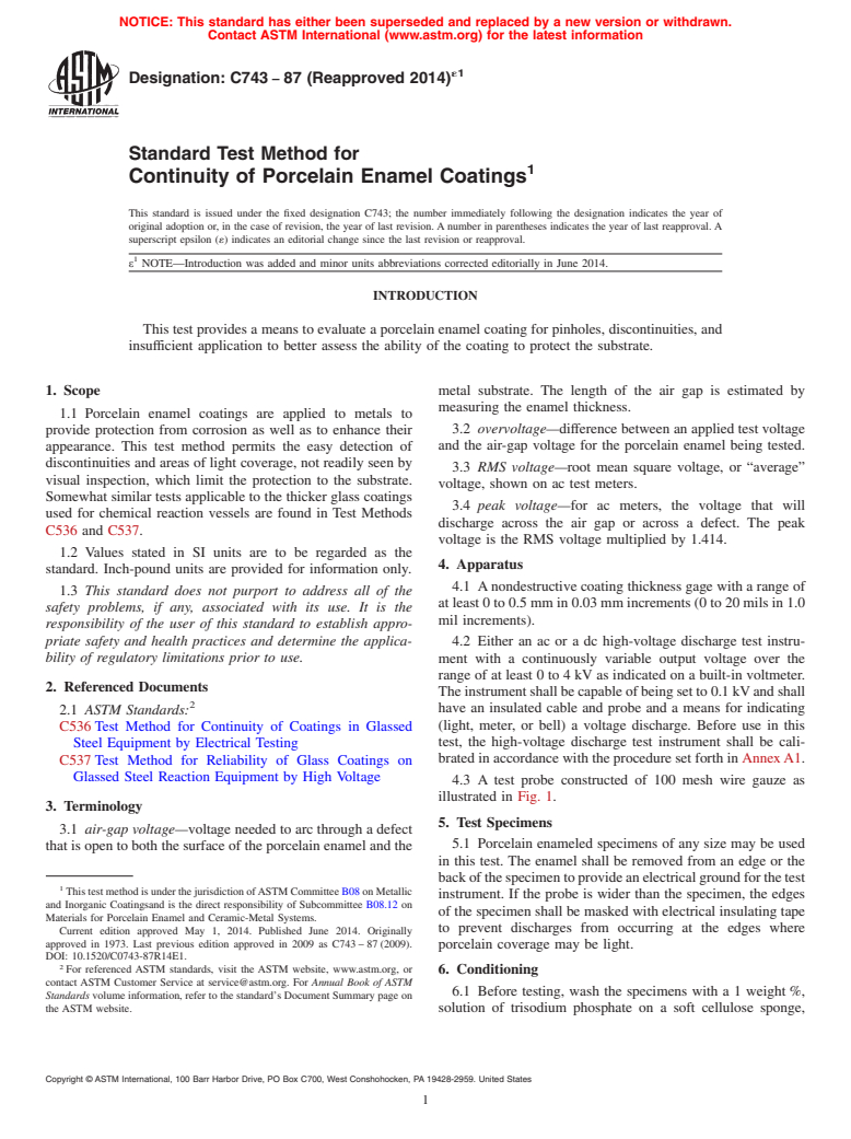 ASTM C743-87(2014)e1 - Standard Test Method for Continuity of Porcelain Enamel Coatings