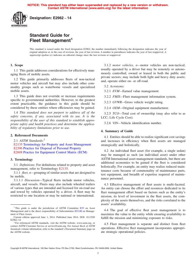 ASTM E2962-14 - Standard Guide for Fleet Management