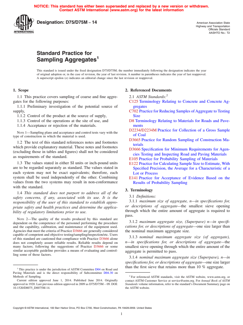 ASTM D75/D75M-14 - Standard Practice for  Sampling Aggregates