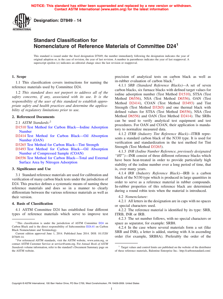 ASTM D7849-14 - Standard Classification for Nomenclature of Reference Materials of Committee D24