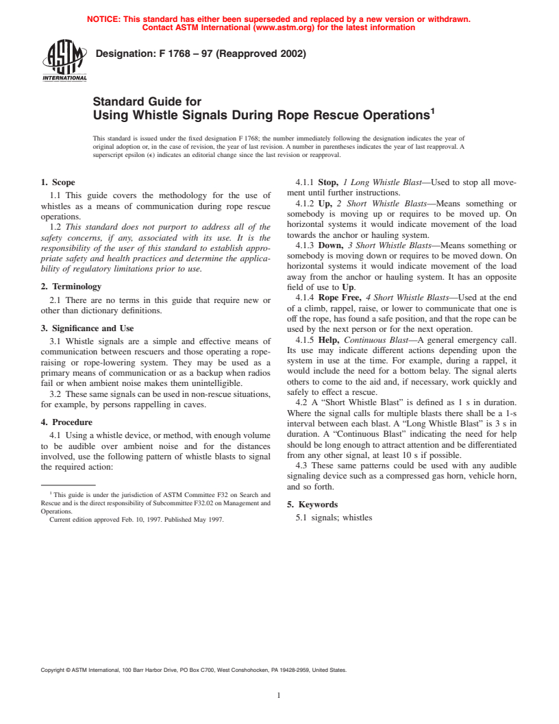 ASTM F1768-97(2002) - Standard Guide for Using Whistle Signals During Rope Rescue Operations