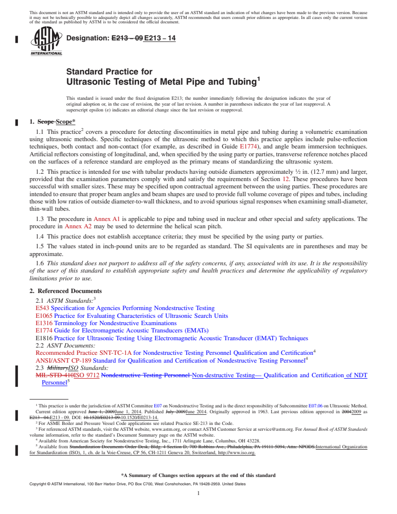 REDLINE ASTM E213-14 - Standard Practice for  Ultrasonic Testing of Metal Pipe and Tubing