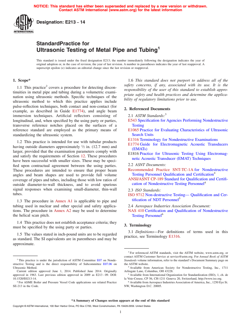 ASTM E213-14 - Standard Practice for  Ultrasonic Testing of Metal Pipe and Tubing