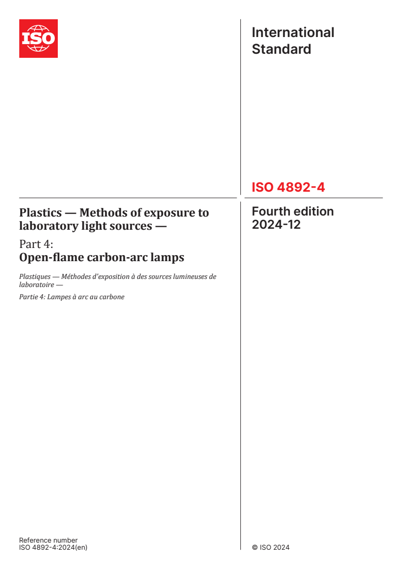 ISO 4892-4:2024 - Plastics — Methods of exposure to laboratory light sources — Part 4: Open-flame carbon-arc lamps
Released:12/4/2024