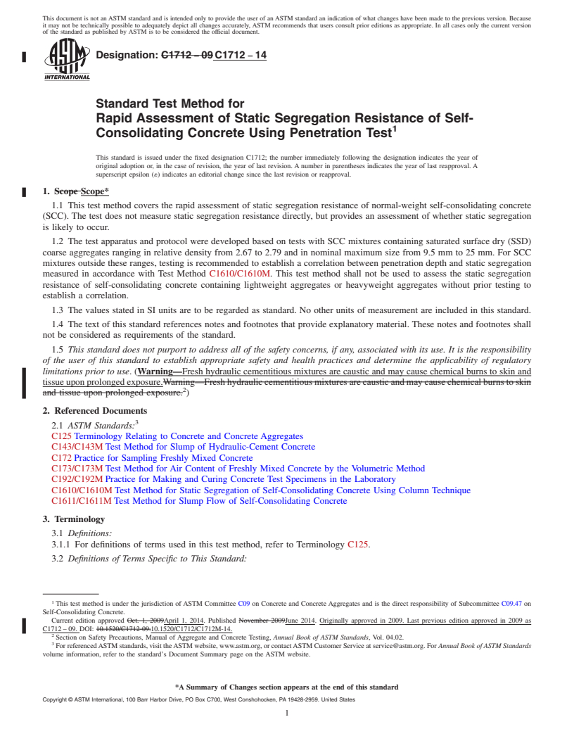 REDLINE ASTM C1712-14 - Standard Test Method for  Rapid Assessment of Static Segregation Resistance of Self-Consolidating  Concrete Using Penetration Test