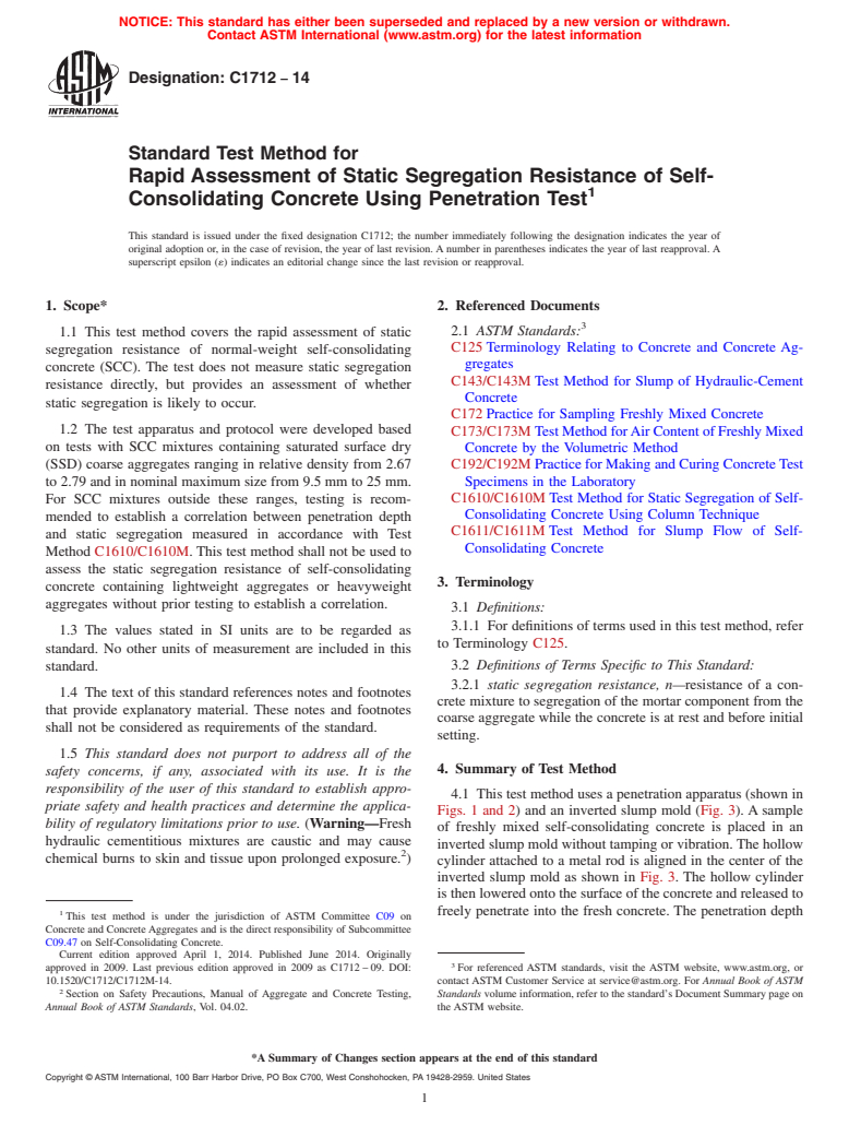 ASTM C1712-14 - Standard Test Method for  Rapid Assessment of Static Segregation Resistance of Self-Consolidating  Concrete Using Penetration Test