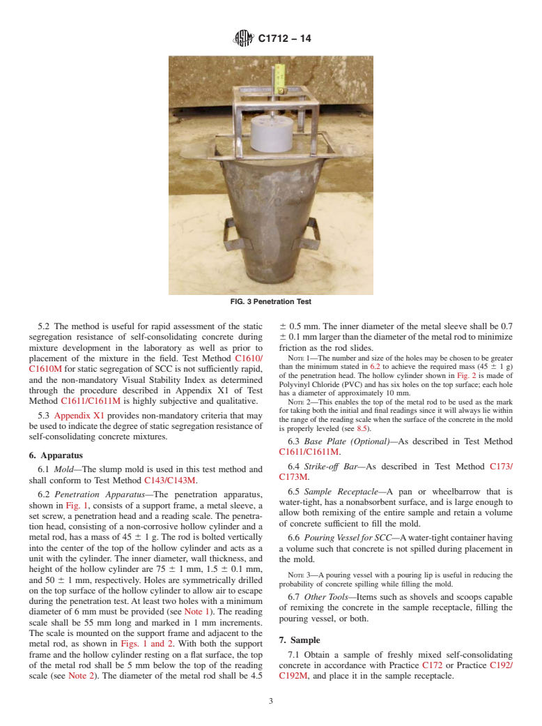 ASTM C1712-14 - Standard Test Method for  Rapid Assessment of Static Segregation Resistance of Self-Consolidating  Concrete Using Penetration Test