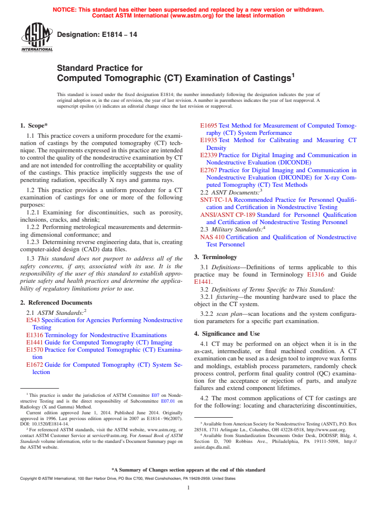 ASTM E1814-14 - Standard Practice for  Computed Tomographic &#40;CT&#41; Examination of Castings