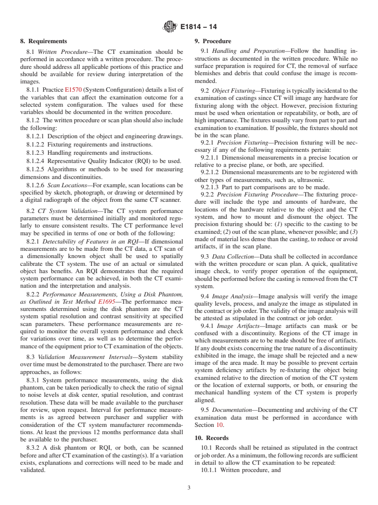 ASTM E1814-14 - Standard Practice for  Computed Tomographic &#40;CT&#41; Examination of Castings