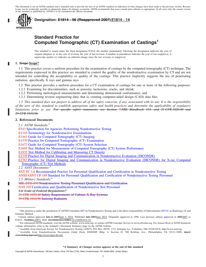 REDLINE ASTM E1814-14 - Standard Practice for  Computed Tomographic &#40;CT&#41; Examination of Castings