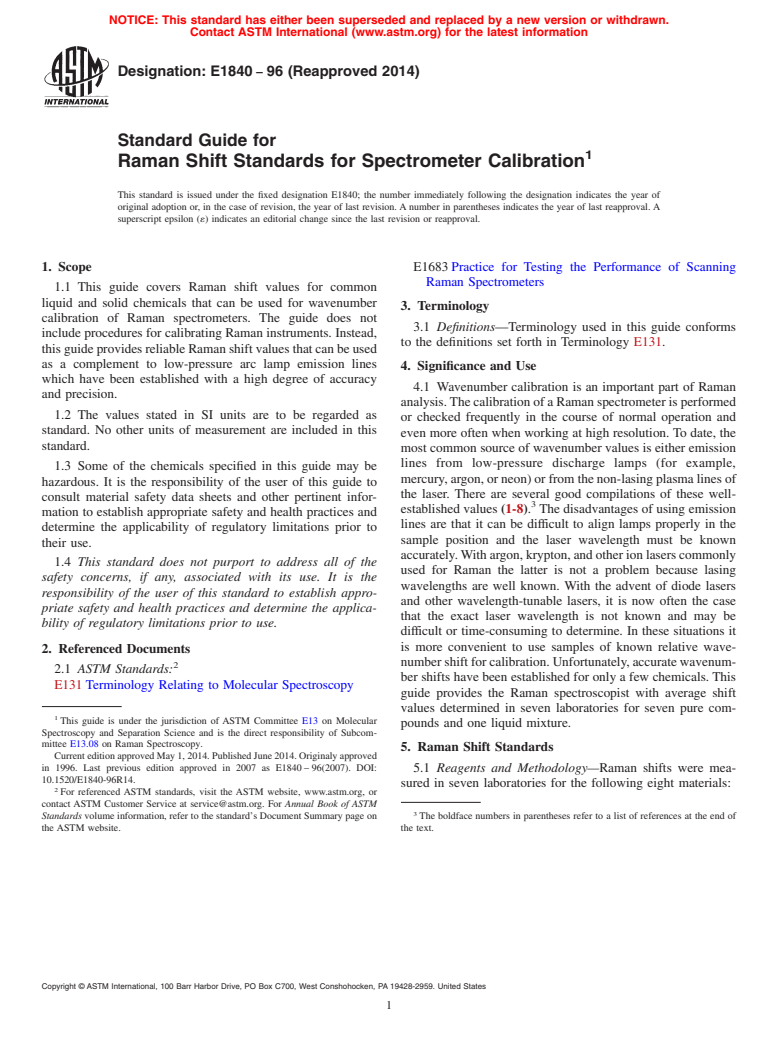 ASTM E1840-96(2014) - Standard Guide for Raman Shift Standards for Spectrometer Calibration