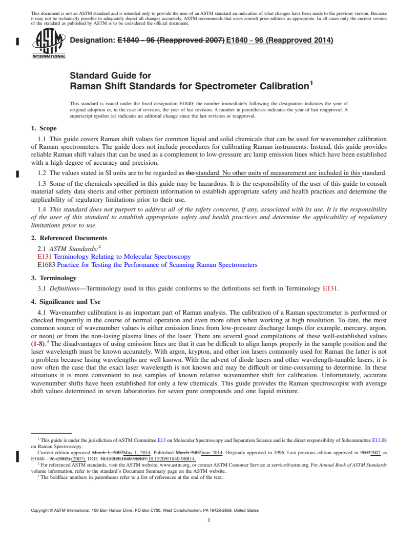 REDLINE ASTM E1840-96(2014) - Standard Guide for Raman Shift Standards for Spectrometer Calibration