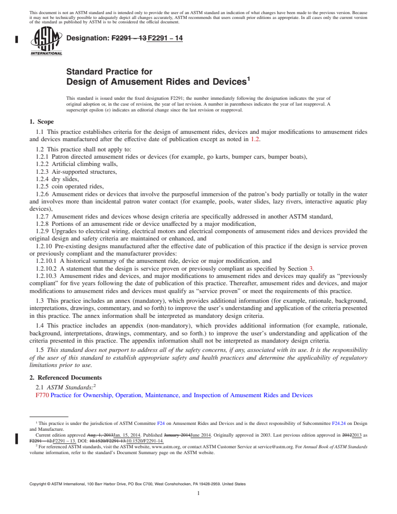 REDLINE ASTM F2291-14 - Standard Practice for  Design of Amusement Rides and Devices