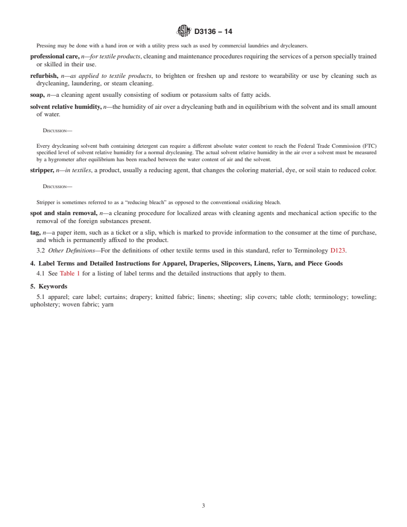 REDLINE ASTM D3136-14 - Standard Terminology Relating to  Care Labeling for Apparel, Textile, Home Furnishing, and Leather  Products