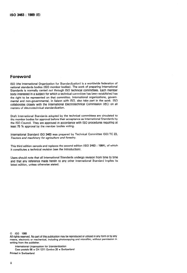 ISO 3463:1989 ISO 3463:1989 - Wheeled tractors for agriculture and forestry -- Protective structures -- Dynamic test method and acceptance conditions - Page 2 preview