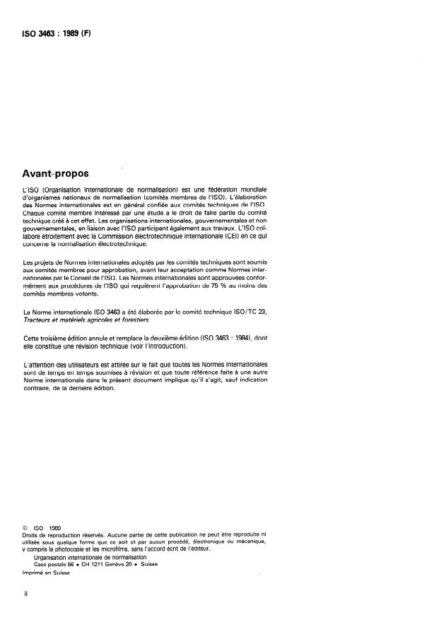 ISO 3463:1989 ISO 3463:1989 - Tracteurs agricoles et forestiers a roues -- Structures de protection -- Méthode d'essais dynamiques et conditions d'acceptation - Page 2 preview