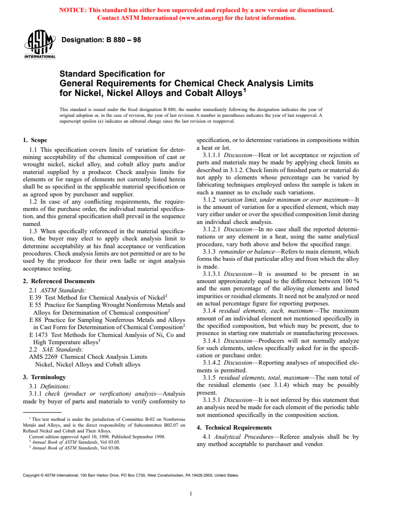 ASTM B880-98 - Standard Specification for General Requirements for Chemical Check Analysis Limits for Nickel, Nickel Alloys, and Cobalt Alloys