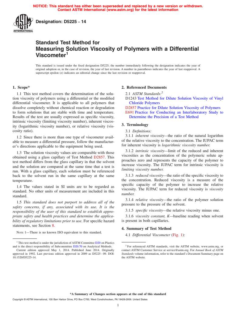 ASTM D5225-14 - Standard Test Method for Measuring Solution Viscosity of Polymers with a Differential  Viscometer