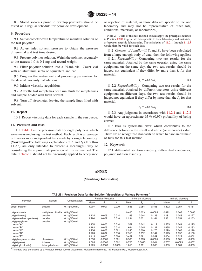 ASTM D5225-14 - Standard Test Method for Measuring Solution Viscosity of Polymers with a Differential  Viscometer