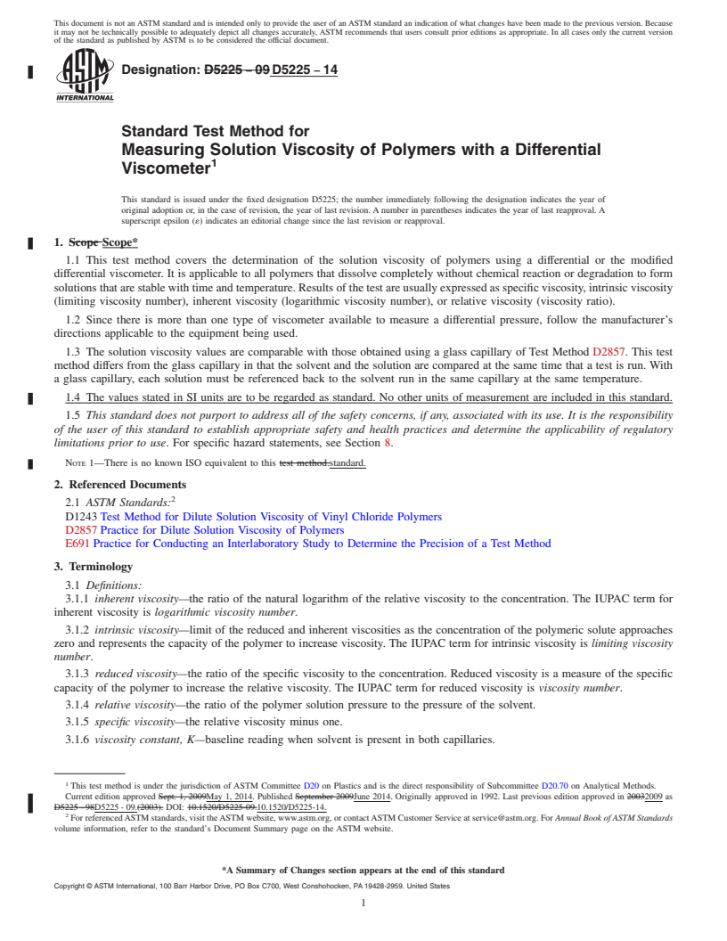 REDLINE ASTM D5225-14 - Standard Test Method for Measuring Solution Viscosity of Polymers with a Differential  Viscometer